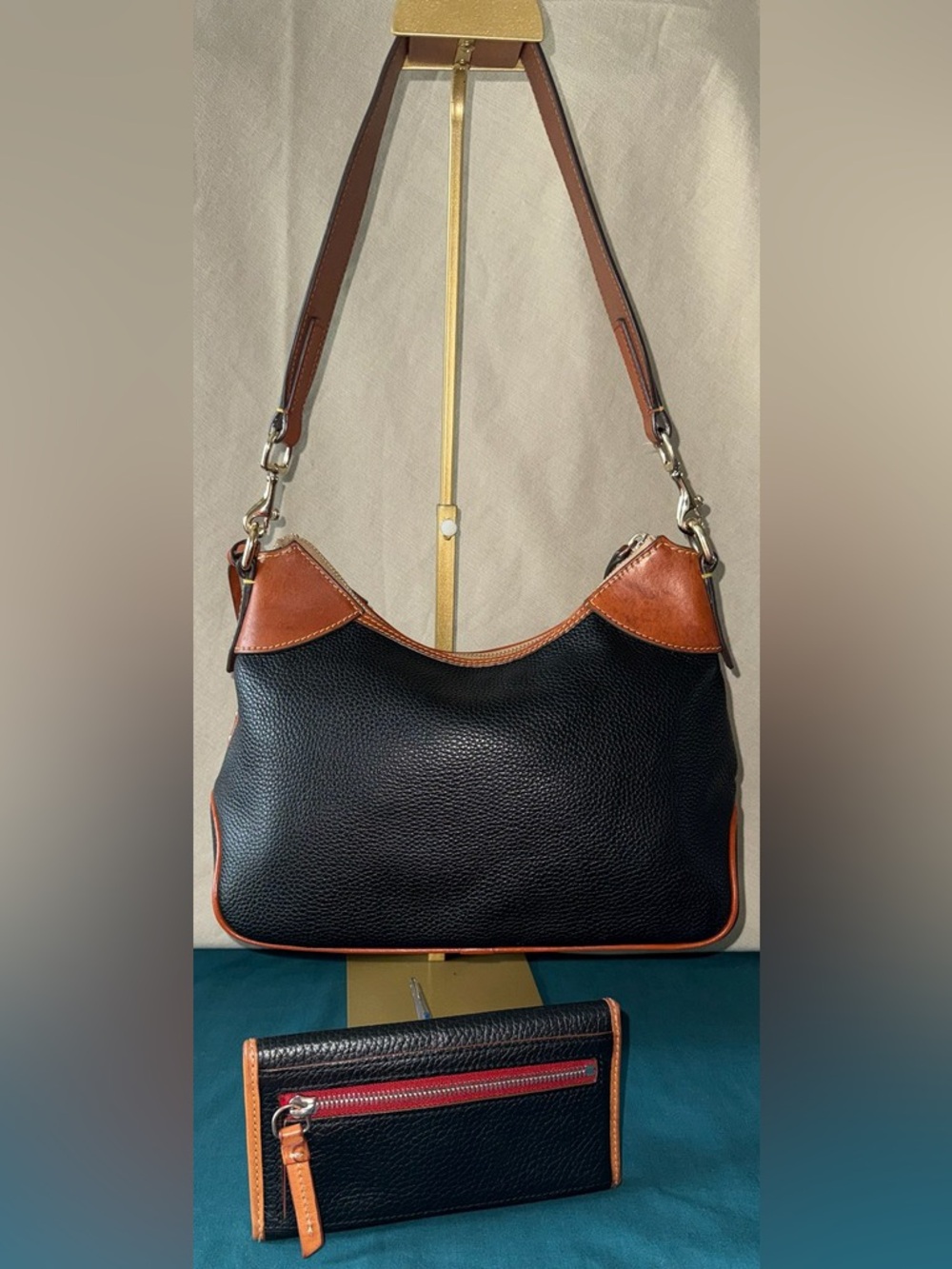 Dooney & Bourke Black with Brown Trim Pebbled Leather Shoulder Bag & Wallet - Picture 2 of 16